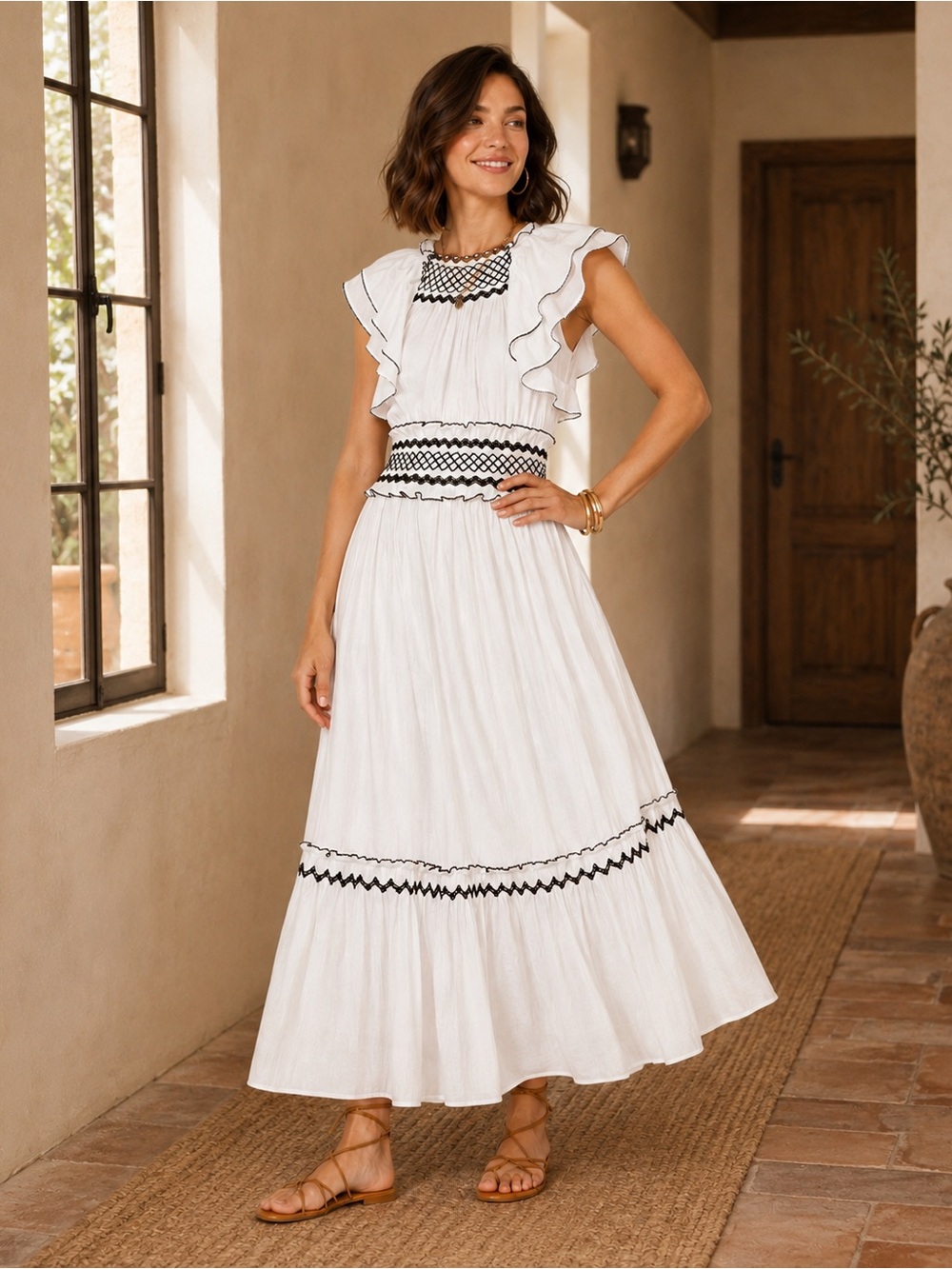 Cleobella Yvonne Midi Dress White Boho Prairie Smocked Ruffle Western S Small